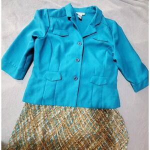 Sag Harbor Dress Skirt Suit Size 18 Teal Blazer Geometric Service Career Vintage